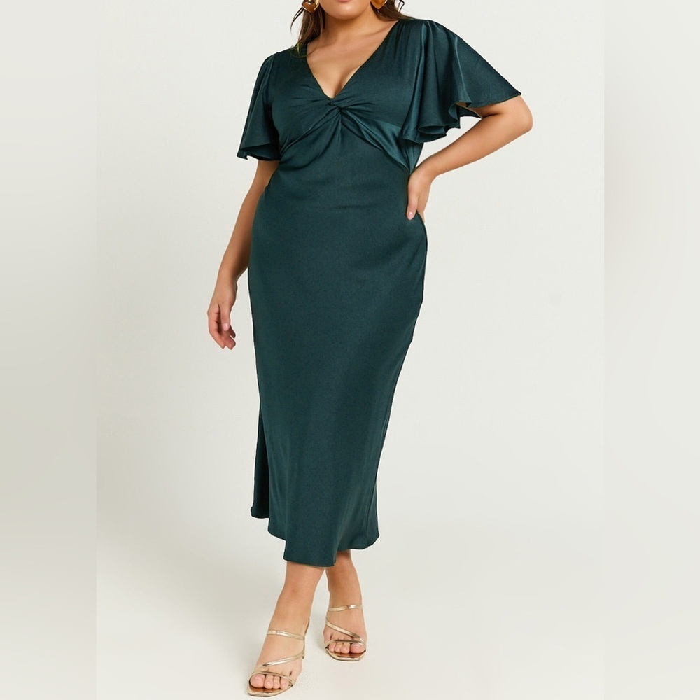 Showpo. AMARTINA MIDI V NECK TWIST BODICE FLUTTER SLEEVE DRESS FOREST GREEN NWT - Picture 3 of 16